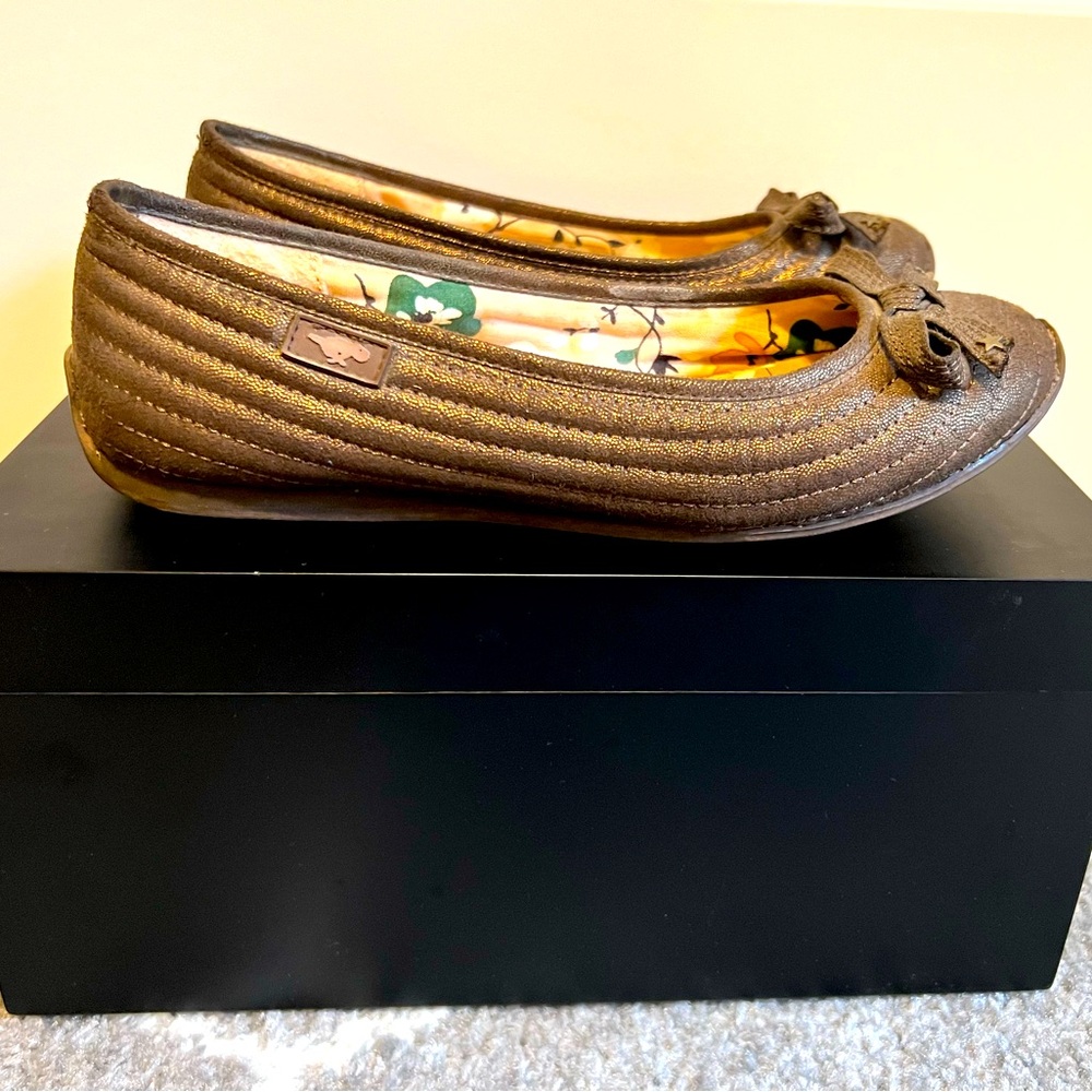 Metallic Brown Quilted Women's Flats with Bow Detail